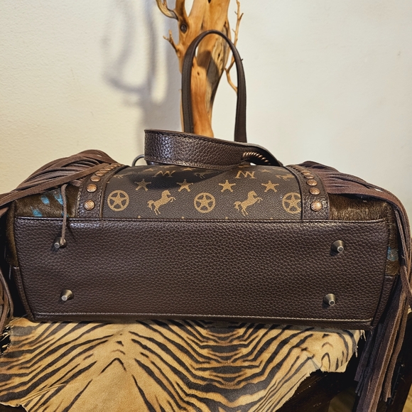 MONTANA WEST Teal Metallic Calf Hair w/ Fringe LoGo Tote NWOT - Picture 3 of 8